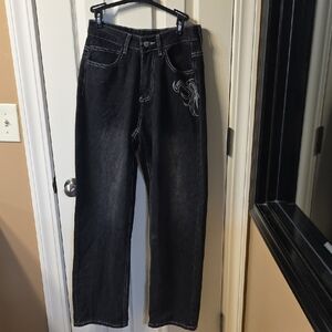 Women's Relaxed Black Jeans with Embroidered Detail